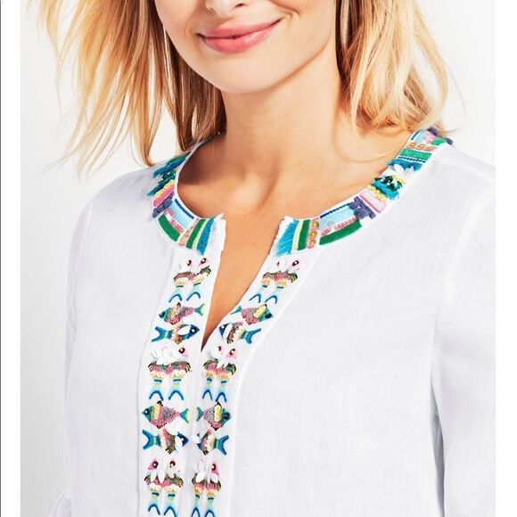 New Talbots Fish Embellished Linen Tunic White 2X #135 - Picture 3 of 8